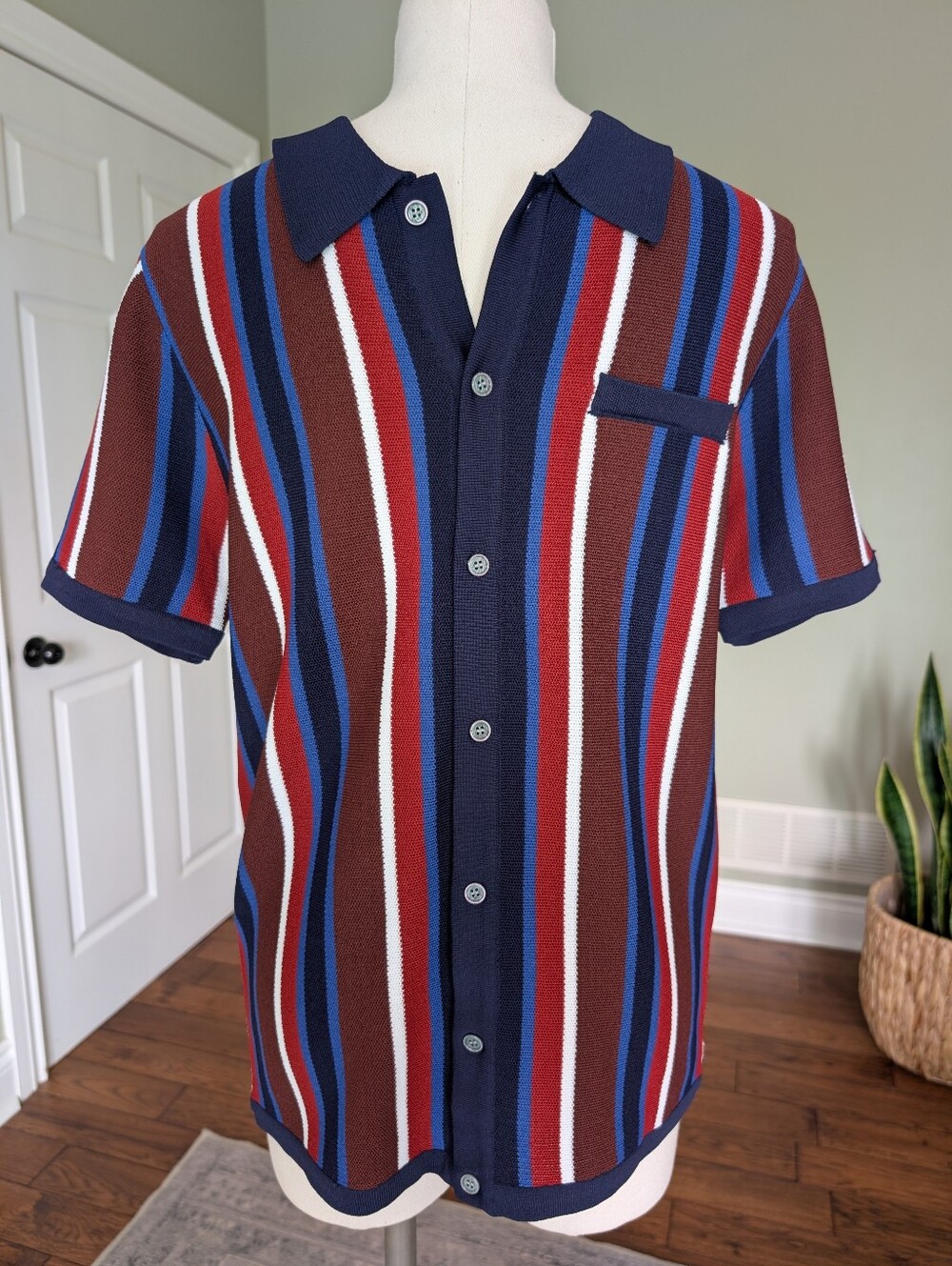 PJ Paul Jones Striped Knit Polo Shirt Retro Button Front Size Small NWOT